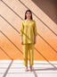Mustard pure linen coordinate set with French knot embroidery and handwork