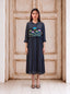 Black viscose khat-embroidered layered coat-style fusion dress
