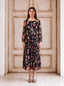 Black georgette floral khat-embroidered tiered fusion dress