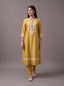 Mustard chanderi kurta set with floral patchwork and khat embroidery
