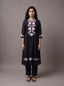 Black chanderi kurta set with floral patchwork and khat embroidery