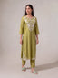 Olive-green chanderi kurta set with floral khat embroidery