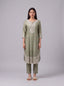 Olive chanderi kurta set with intricate white embroidery