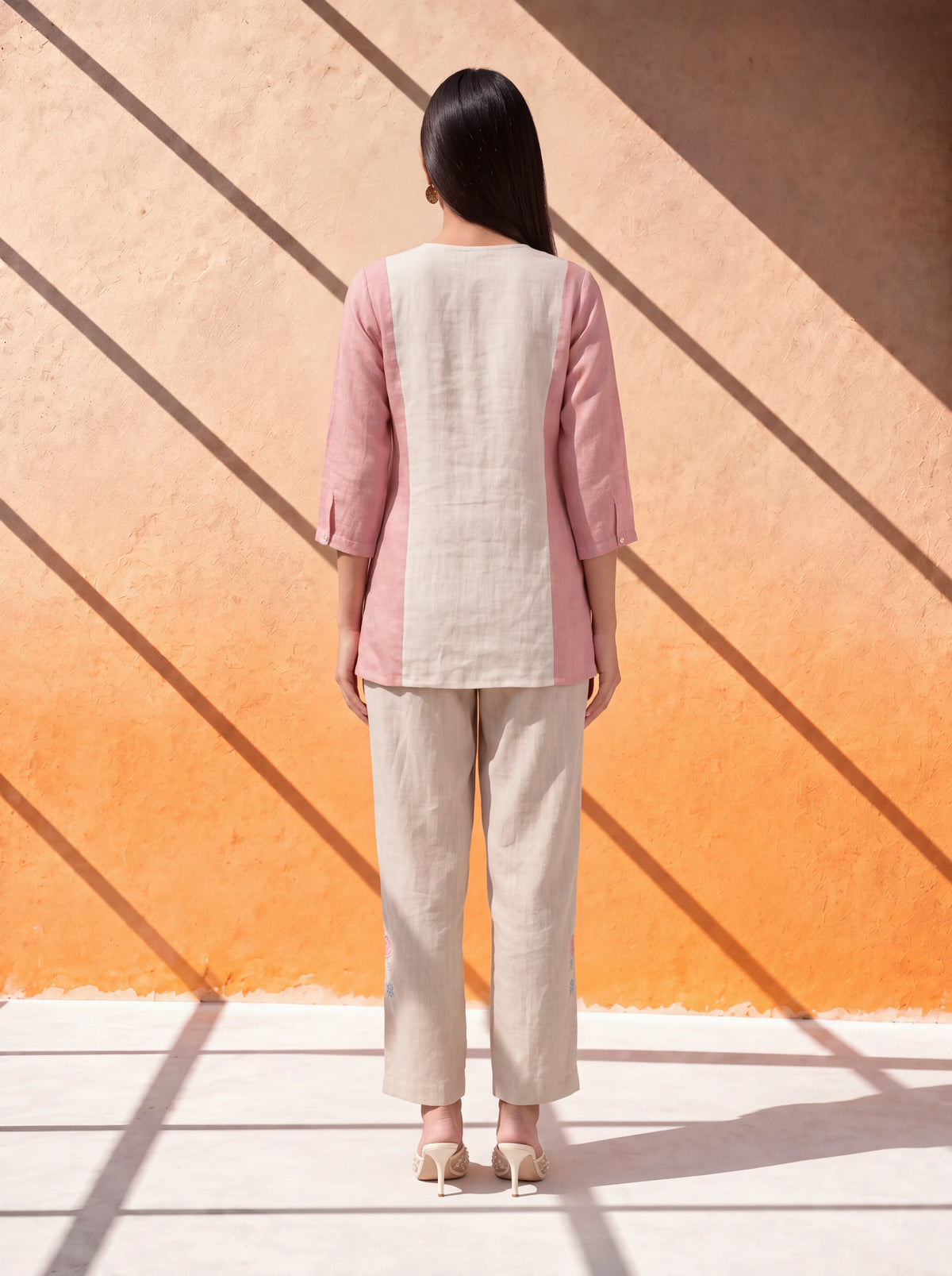 Peach gauze linen coordinate set with lace and yoke embroidery