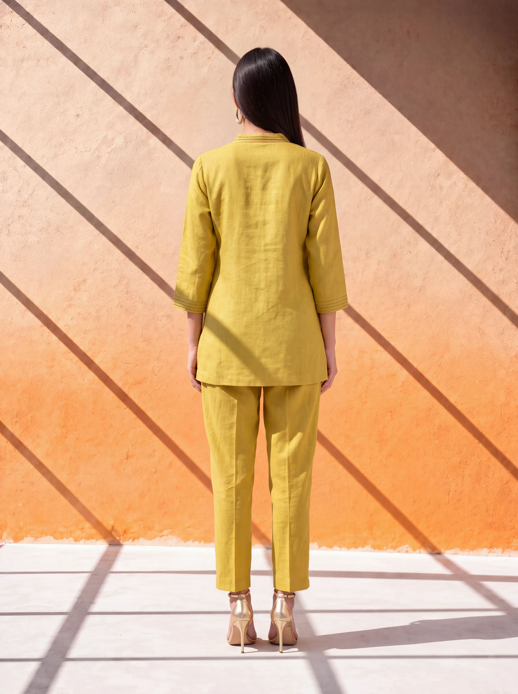 Mustard pure linen coordinate set with French knot embroidery and handwork