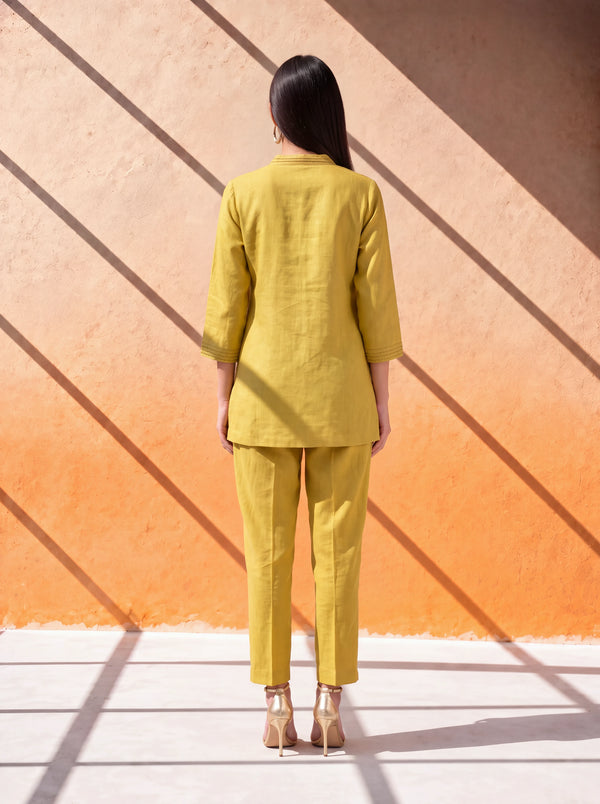 Mustard pure linen coordinate set with French knot embroidery and handwork