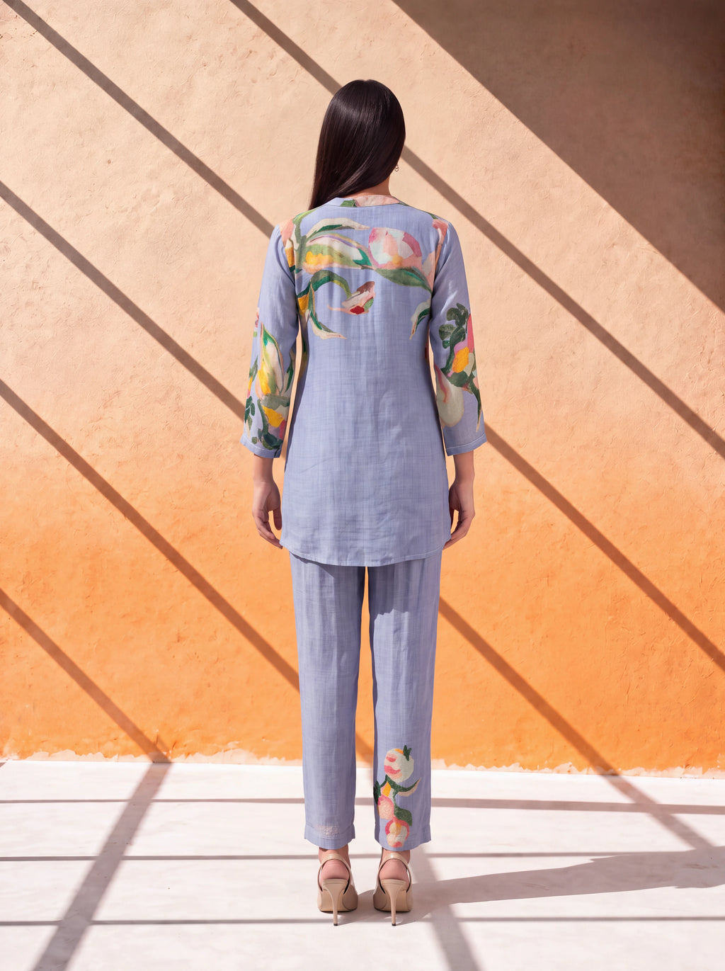 Blue cotton-silk coordinate set with floral khat and kardana embroidery
