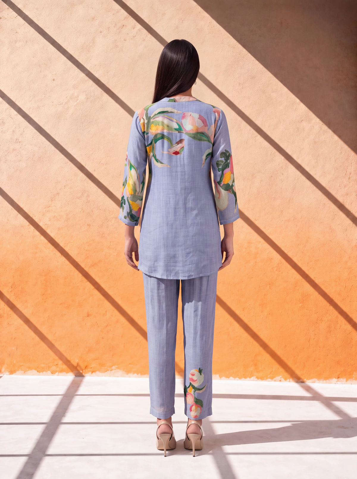 Blue cotton-silk coordinate set with floral khat and kardana embroidery