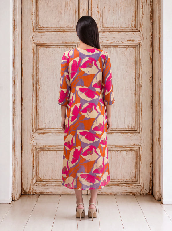 Orange crepe abstract floral pleated fusion dress