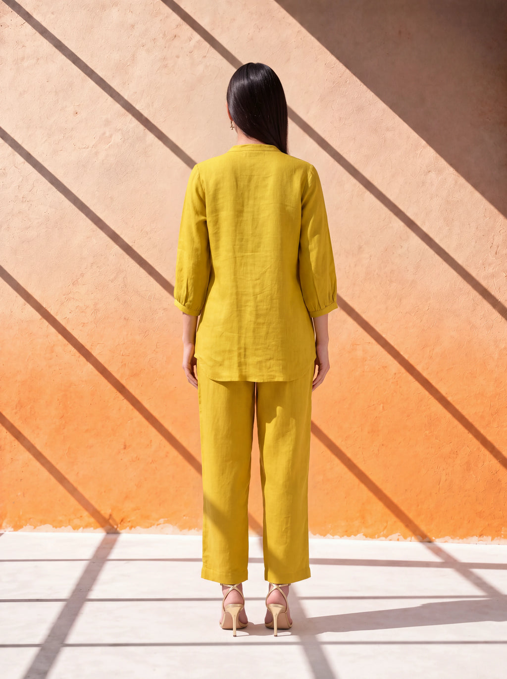 Mustard gauze linen coordinate set with machine embroidery