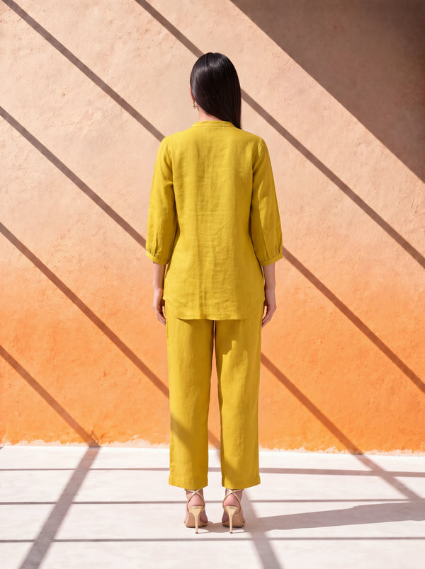 Mustard gauze linen coordinate set with machine embroidery