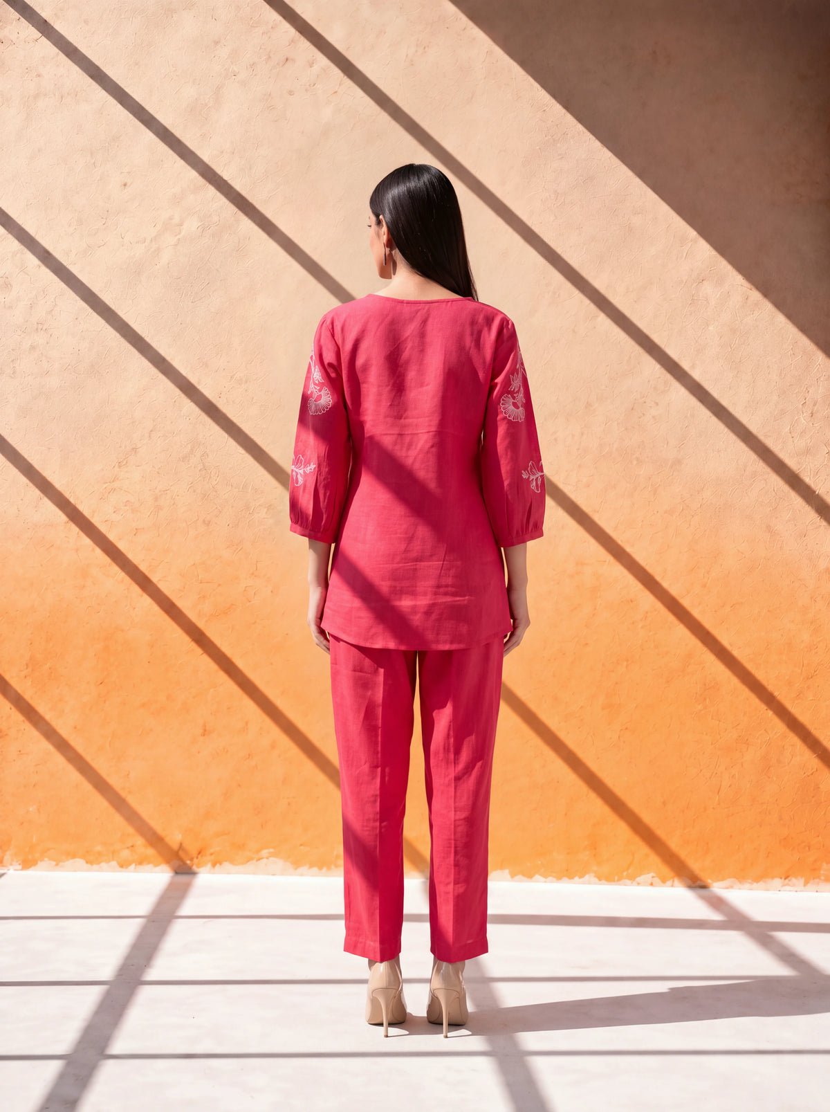 Tomato pure linen coordinate set with contrast floral machine embroidery