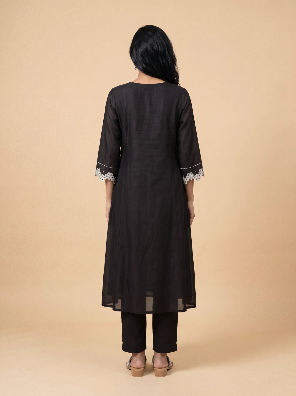 Black chanderi patch work and sequins embroidery kurta set