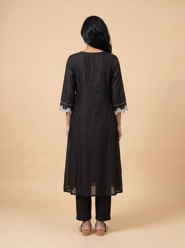 Black chanderi patch work and sequins embroidery kurta set