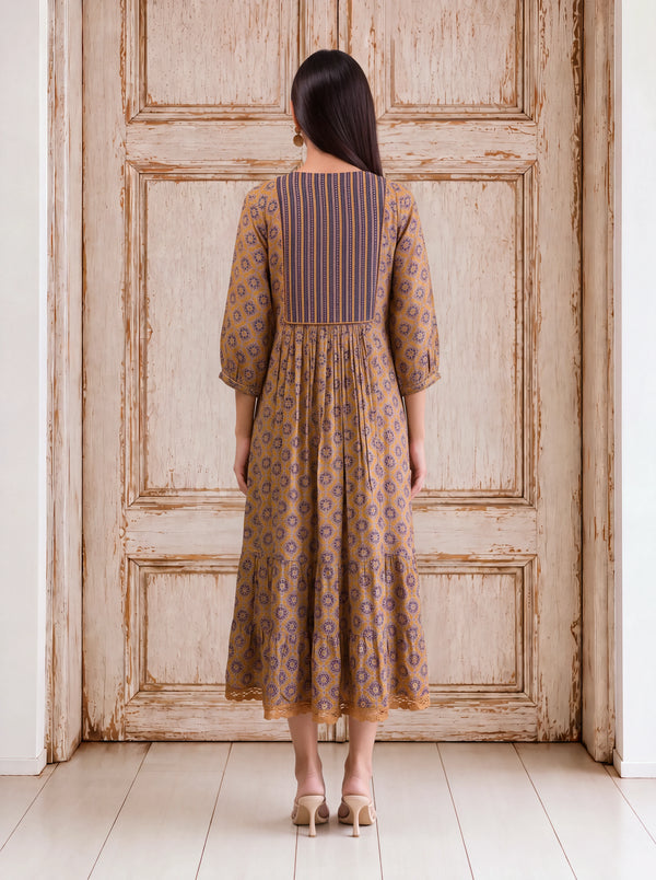 Mustard crepe khat-embroidered tassel-detailed fusion dress