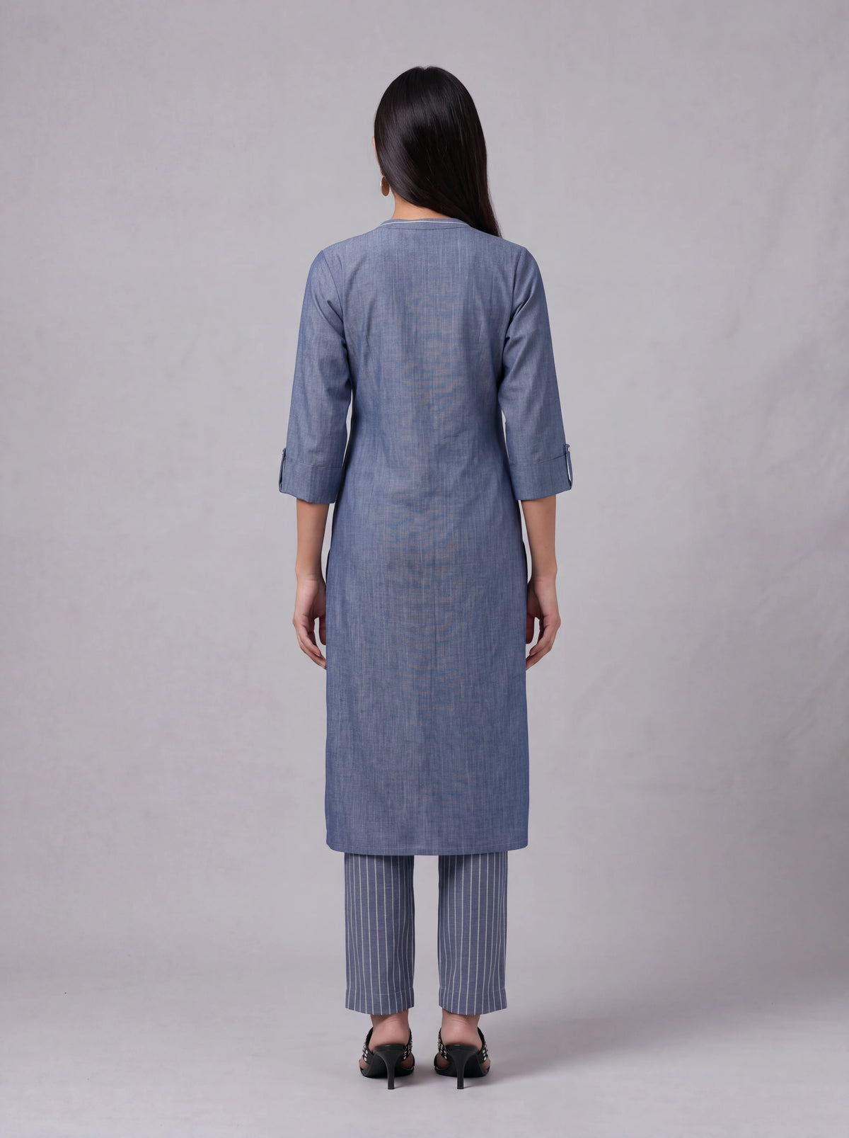 Blue cotton thread embroidery kurta set