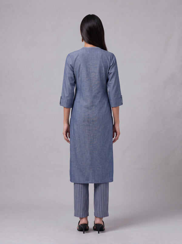 Blue cotton thread embroidery kurta set