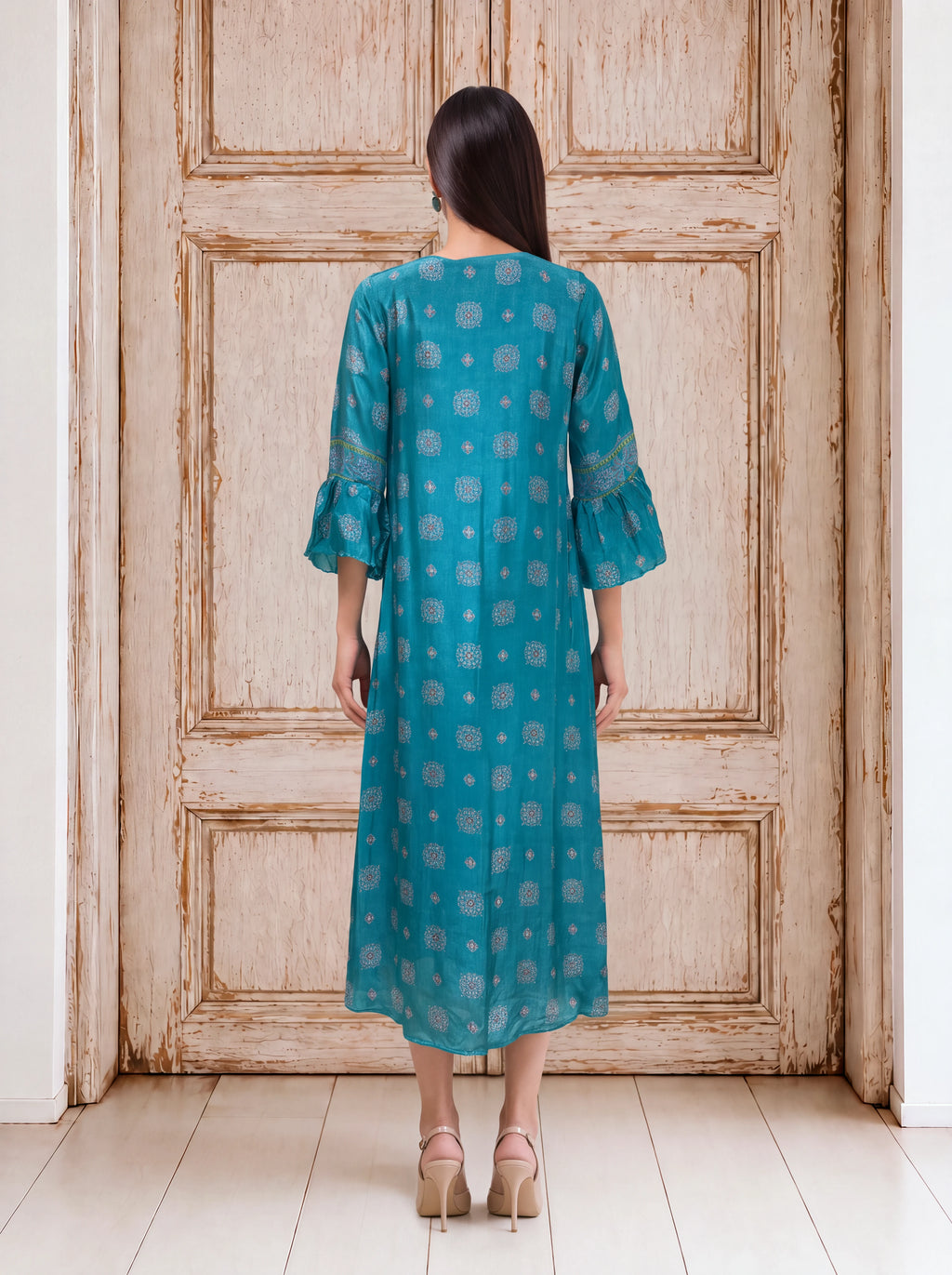 Teal crepe printed dress with hand sequins embroidery