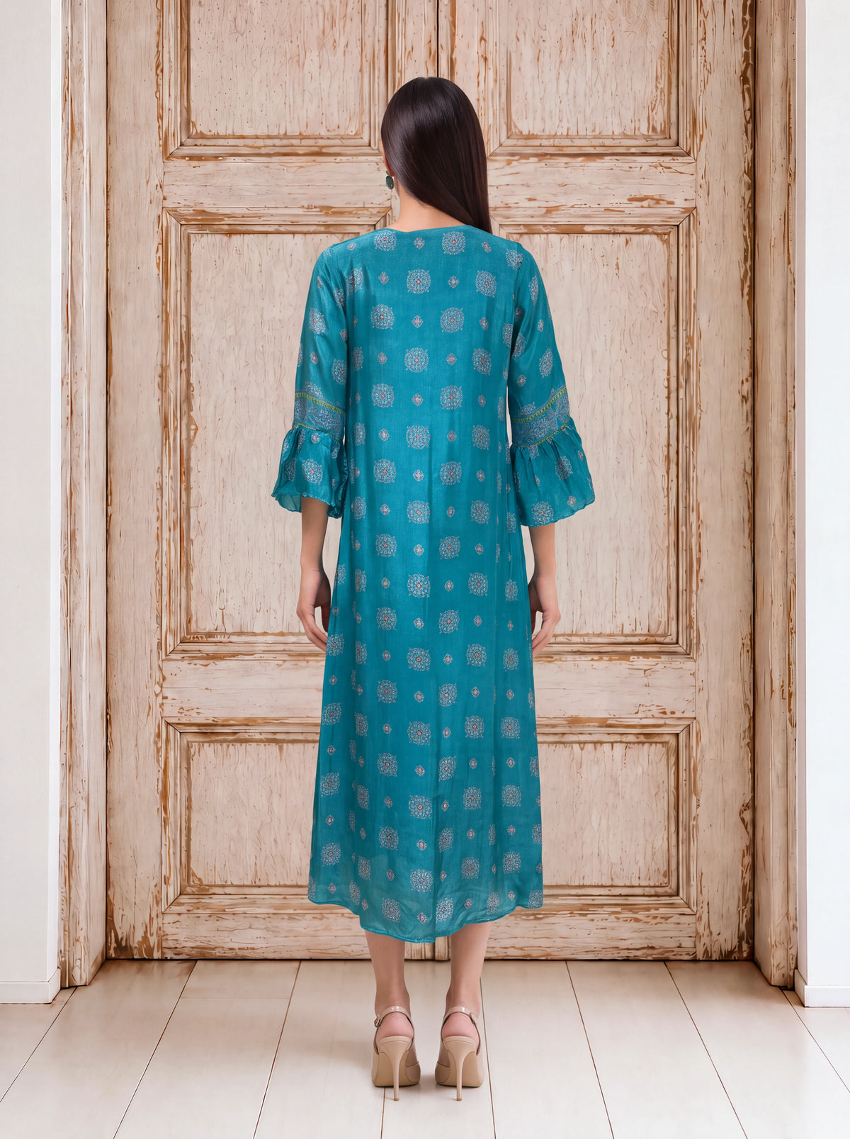 Teal crepe printed dress with hand sequins embroidery
