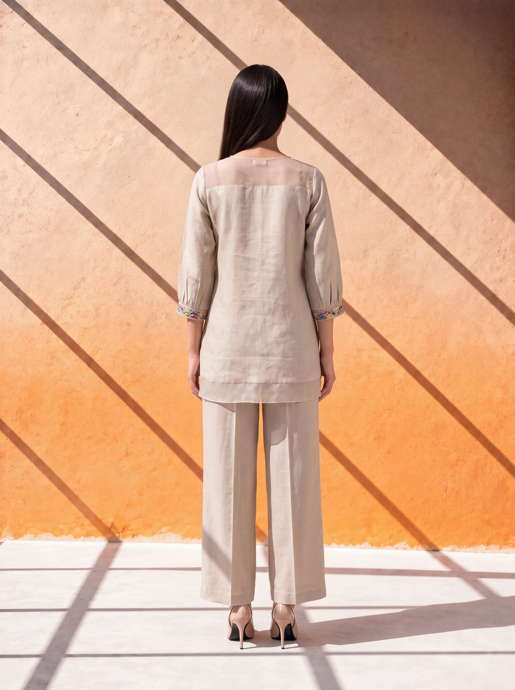 Natural beige linen coordinate set with floral embroidery and organza detailing