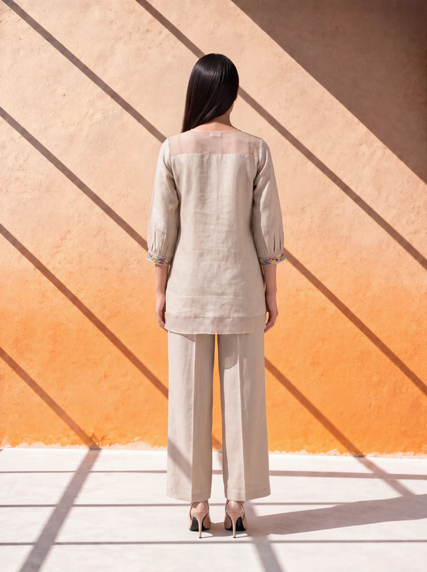 Natural beige linen coordinate set with floral embroidery and organza detailing