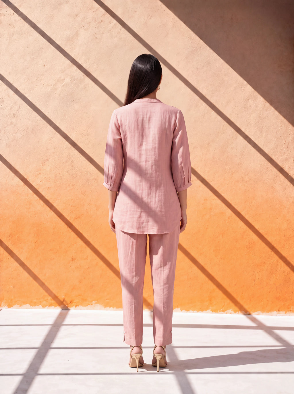 Peach gauze linen coordinate set with machine embroidery
