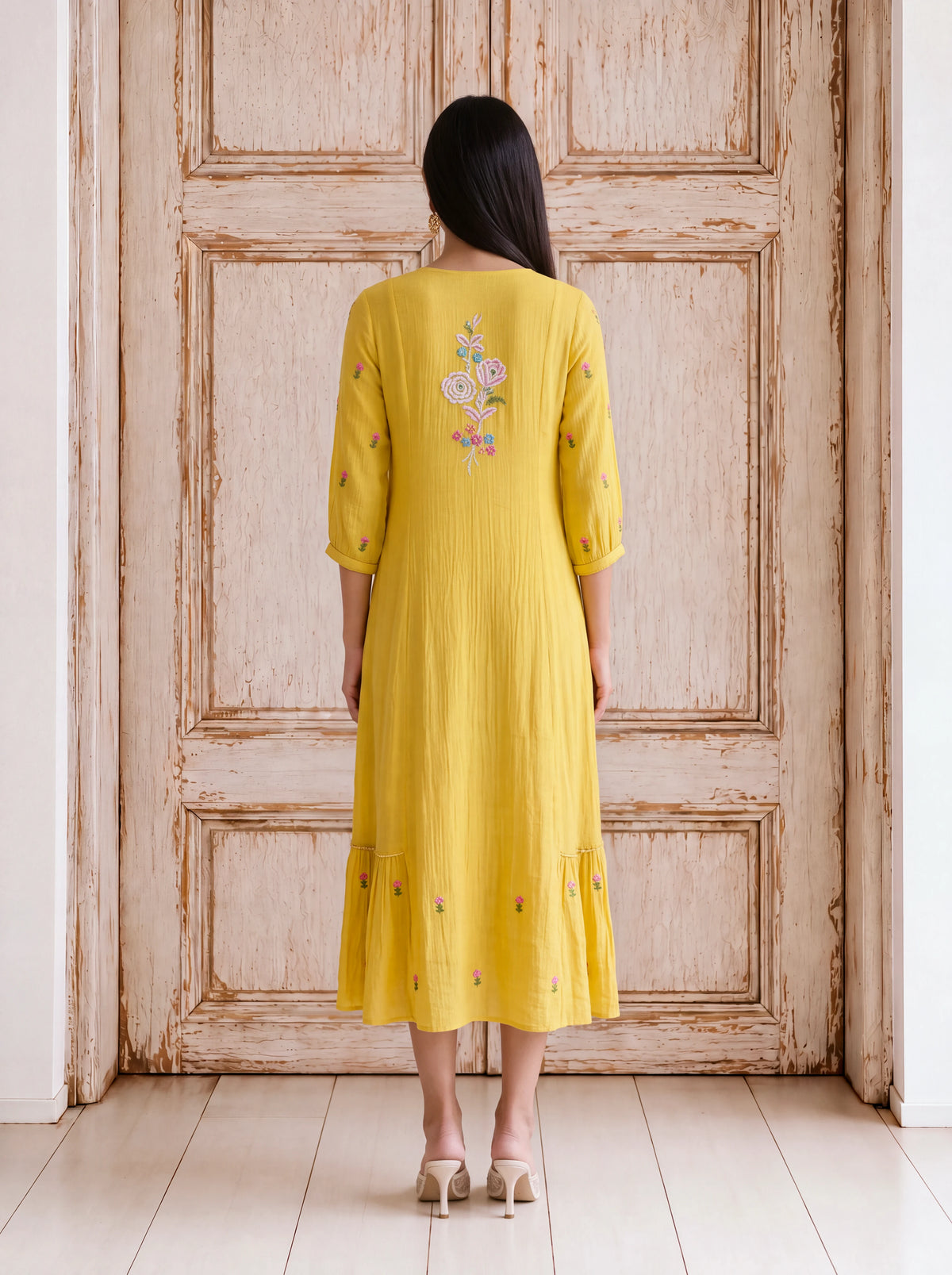 Yellow viscose machine-embroidered fusion dress