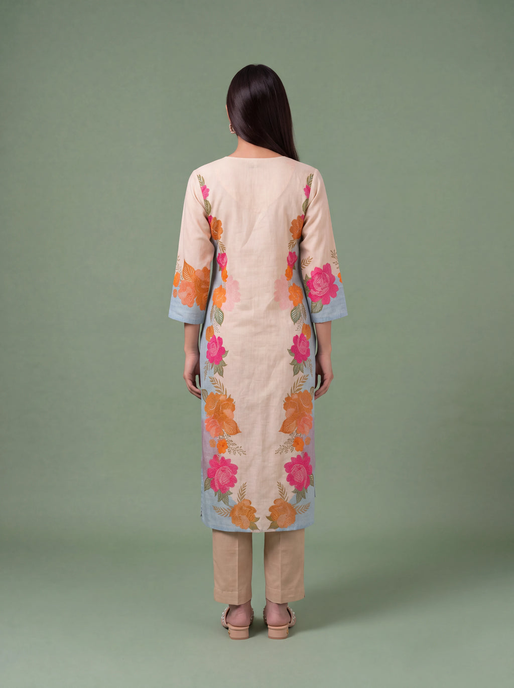 Ivory cotton kurta set with floral print and machine embroidery