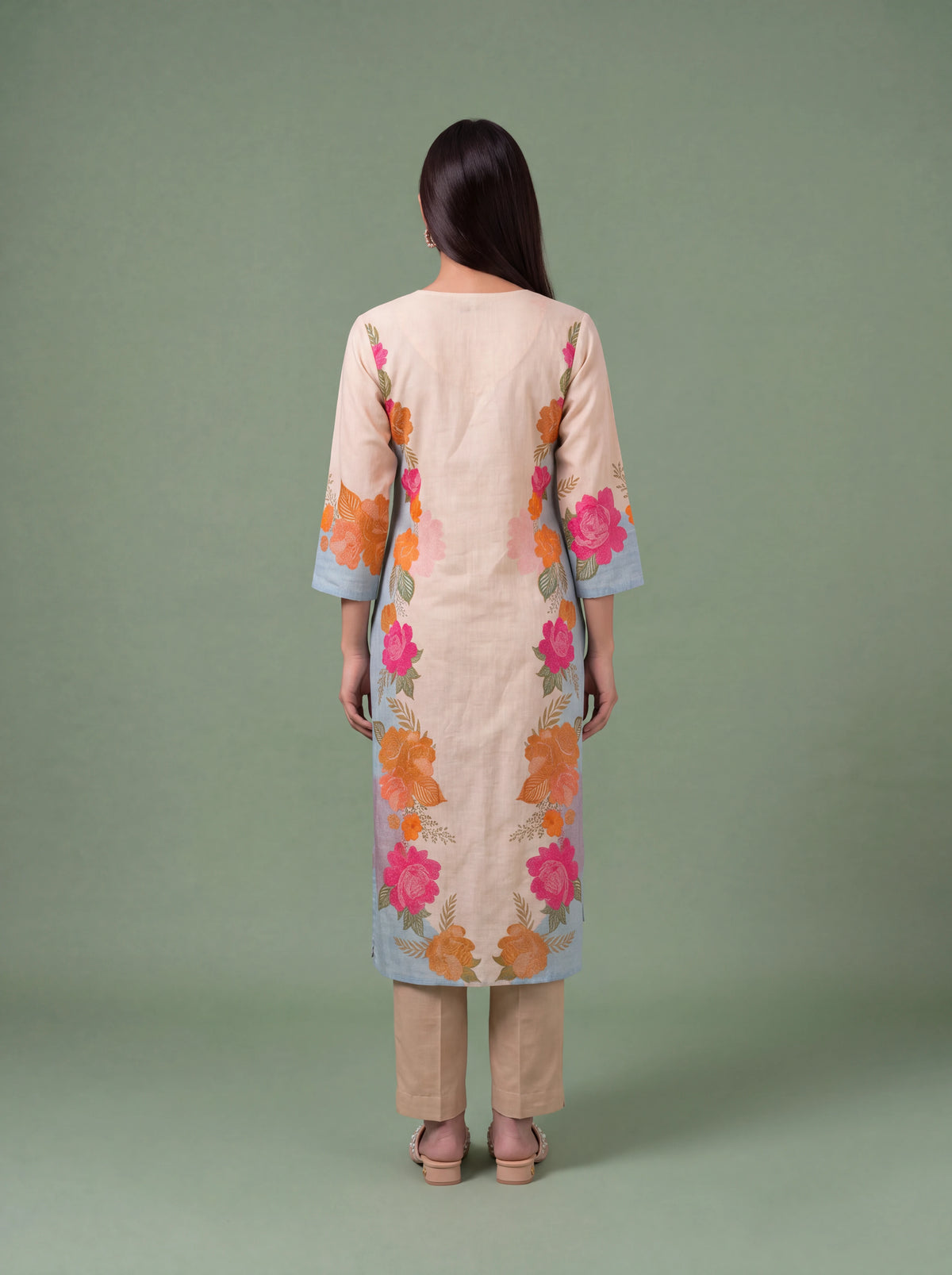 Ivory cotton kurta set with floral print and machine embroidery