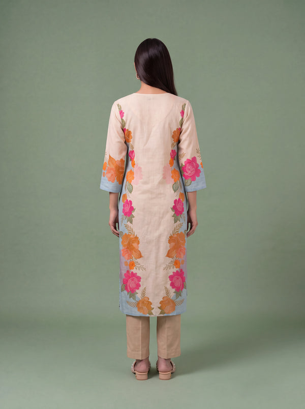 Ivory cotton kurta set with floral print and machine embroidery
