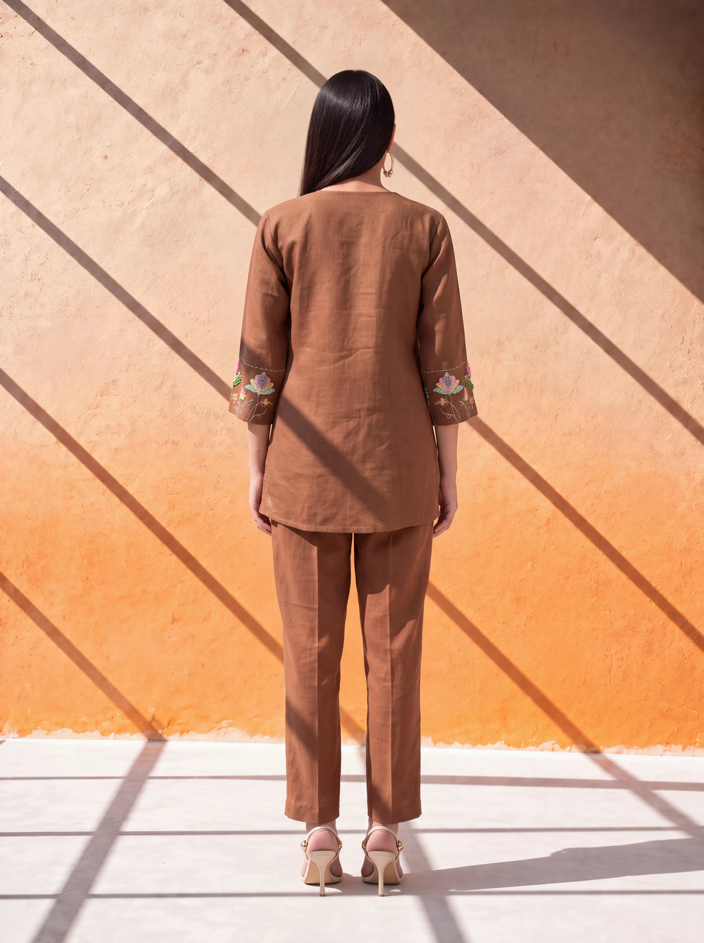 Brown pure linen coordinate set with floral organza patch embroidery