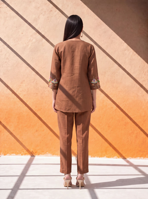 Brown pure linen coordinate set with floral organza patch embroidery