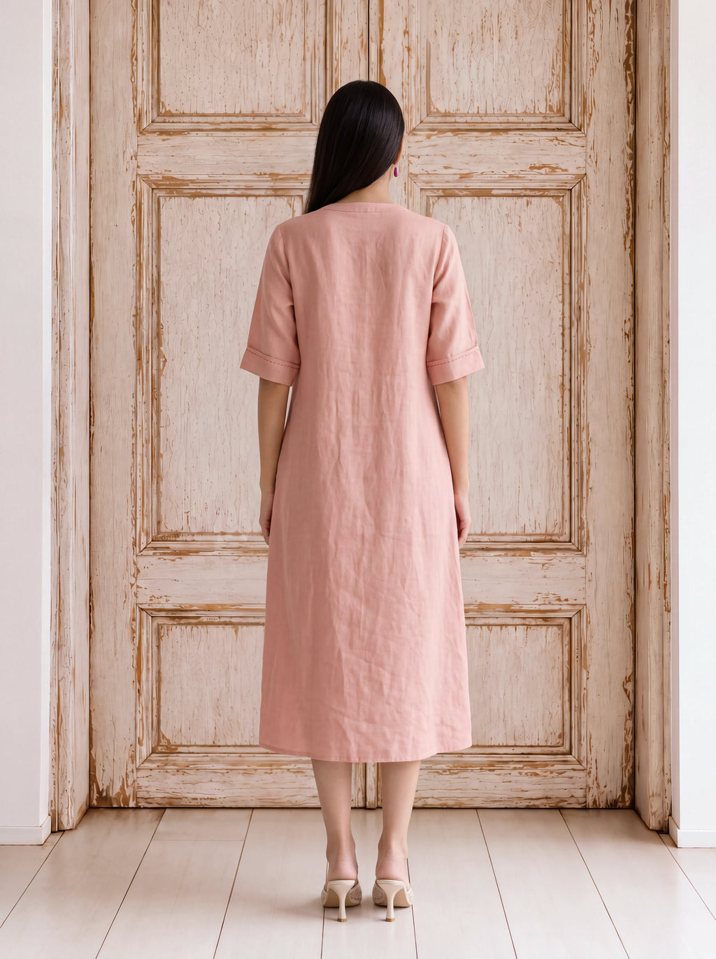 Blush-pink linen patchwork khat-embroidered fusion dress