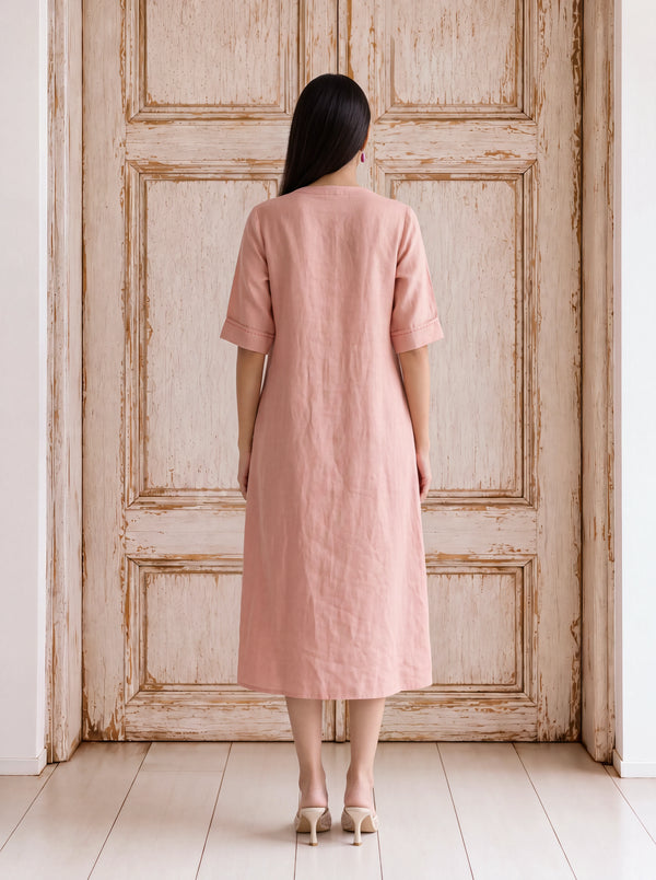 Blush-pink linen patchwork khat-embroidered fusion dress