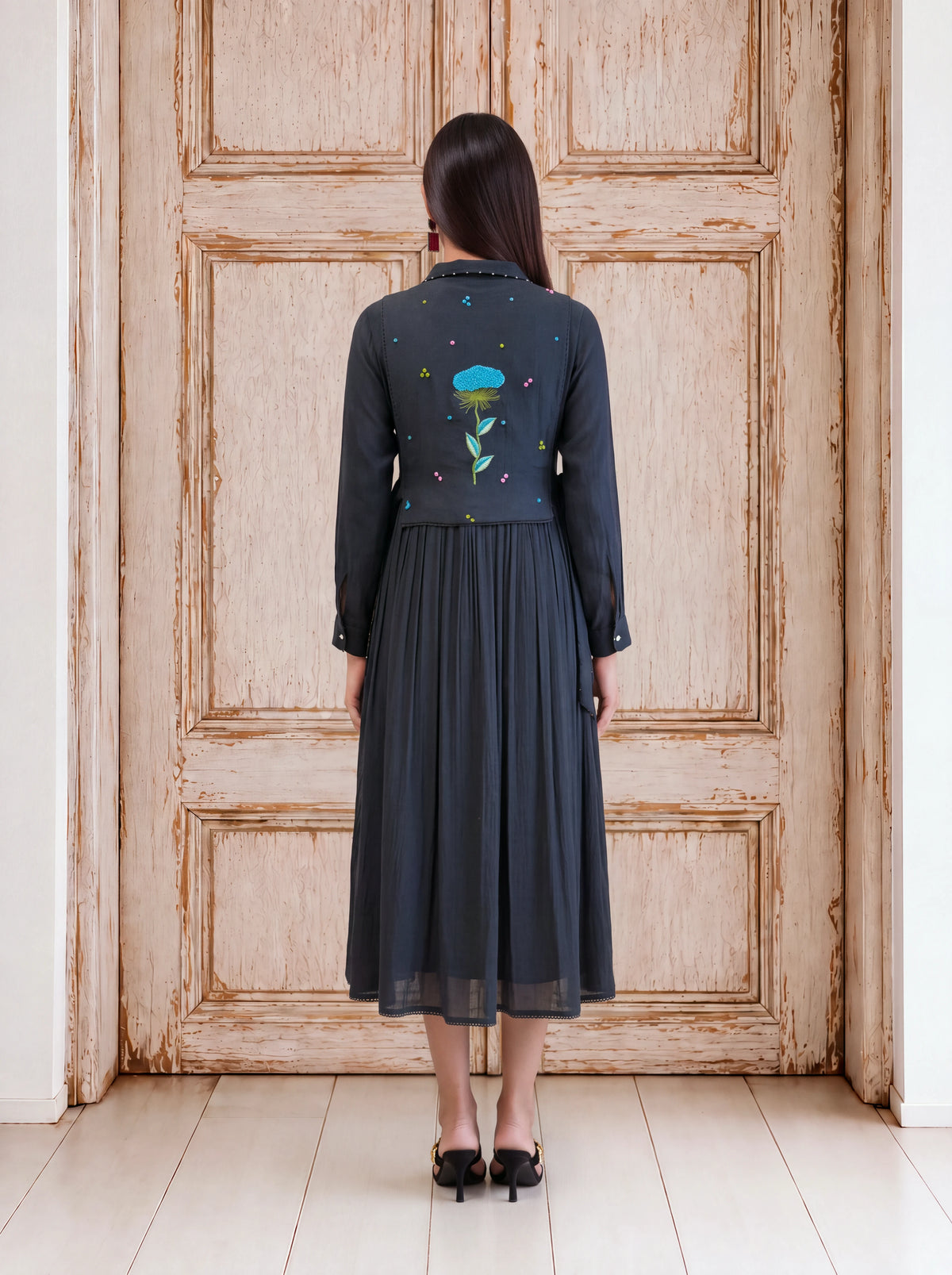 Black viscose khat-embroidered layered coat-style fusion dress