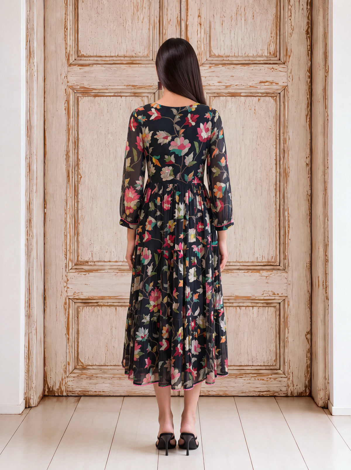 Black georgette floral khat-embroidered tiered fusion dress