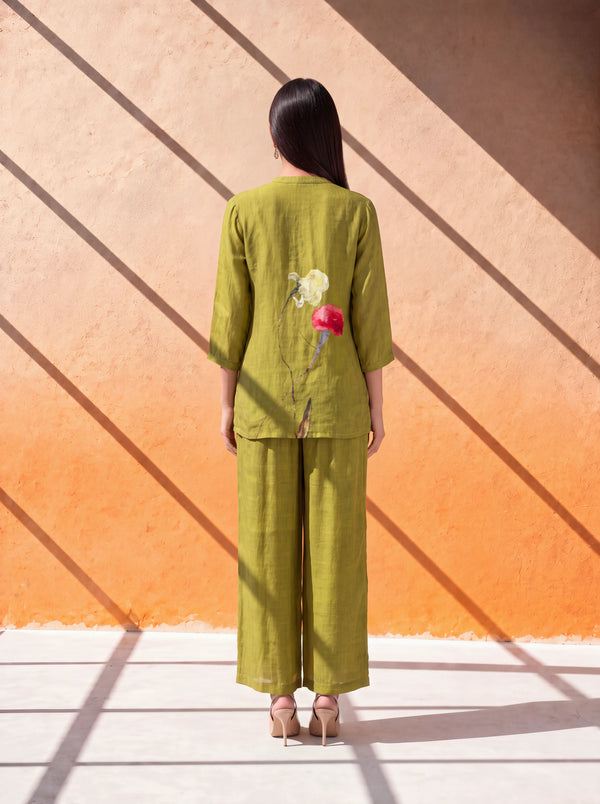 Mehndi green cotton-silk coordinate set with floral print and khat-kardana embroidery