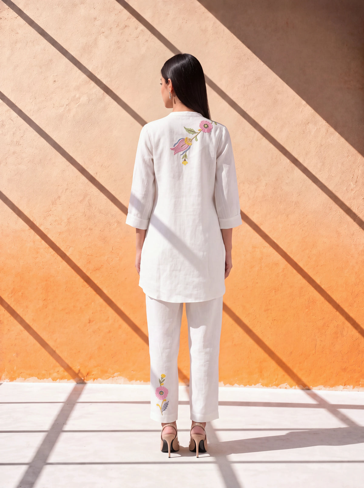 White linen coordinate set with floral machine and khat embroidery