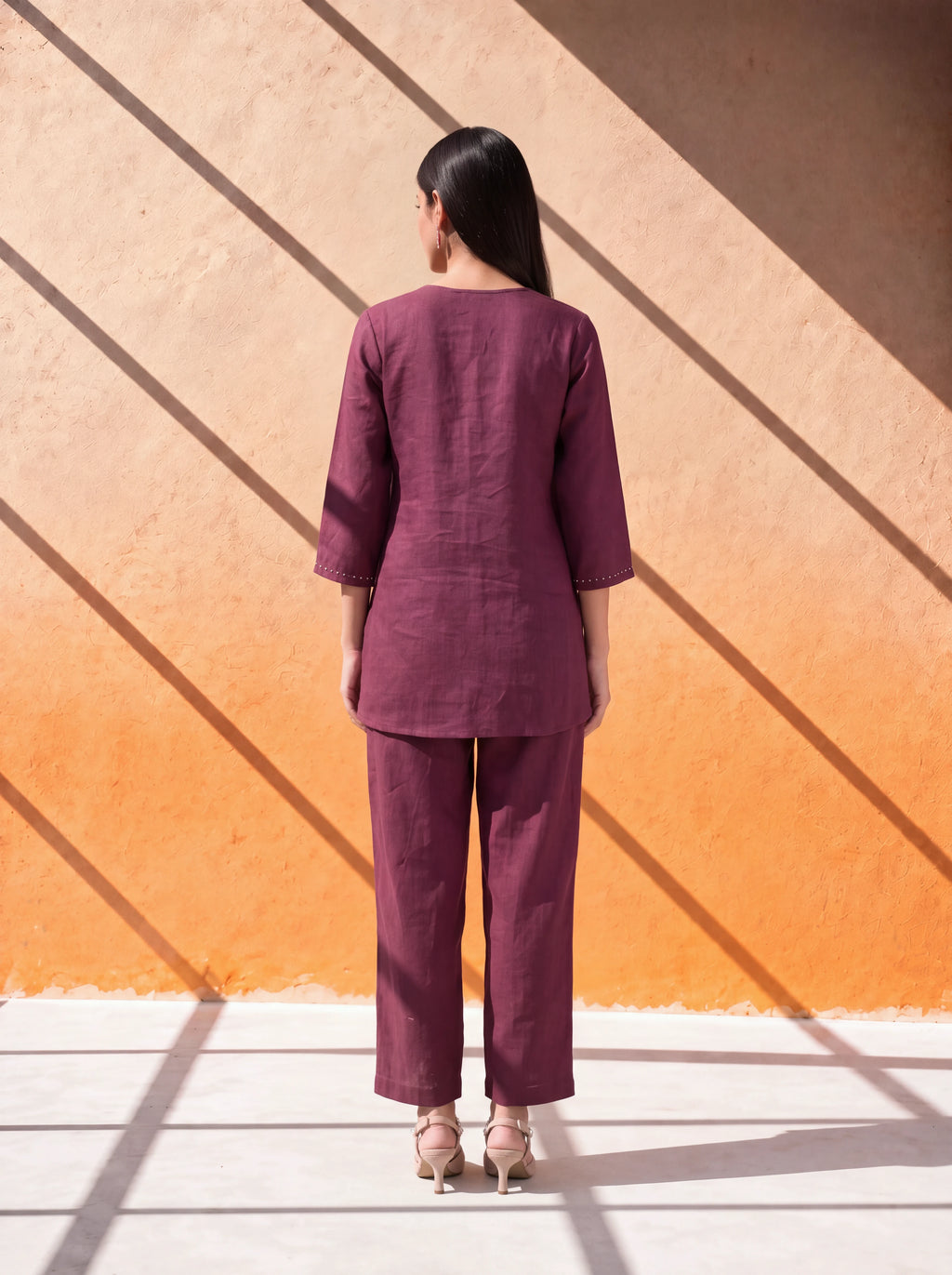 Wine linen coordinate set with khat, French knot and hand embroidery