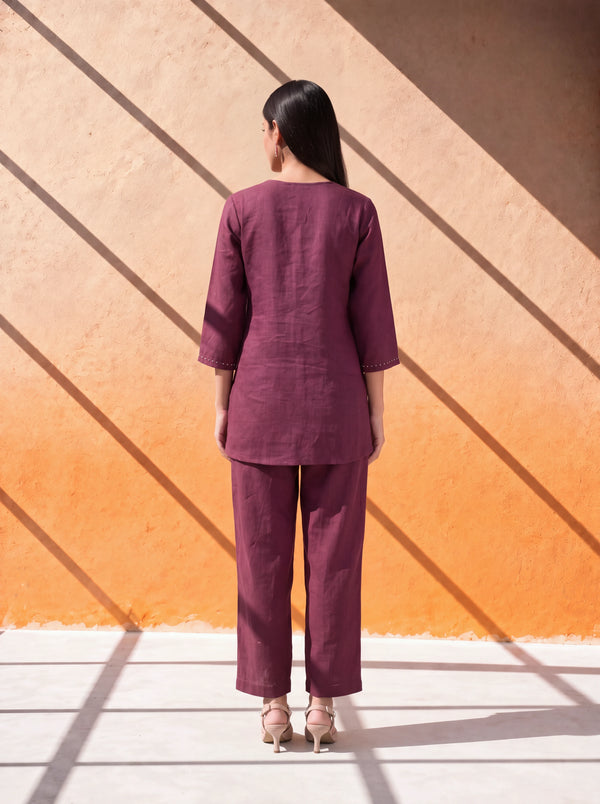 Wine linen coordinate set with khat, French knot and hand embroidery
