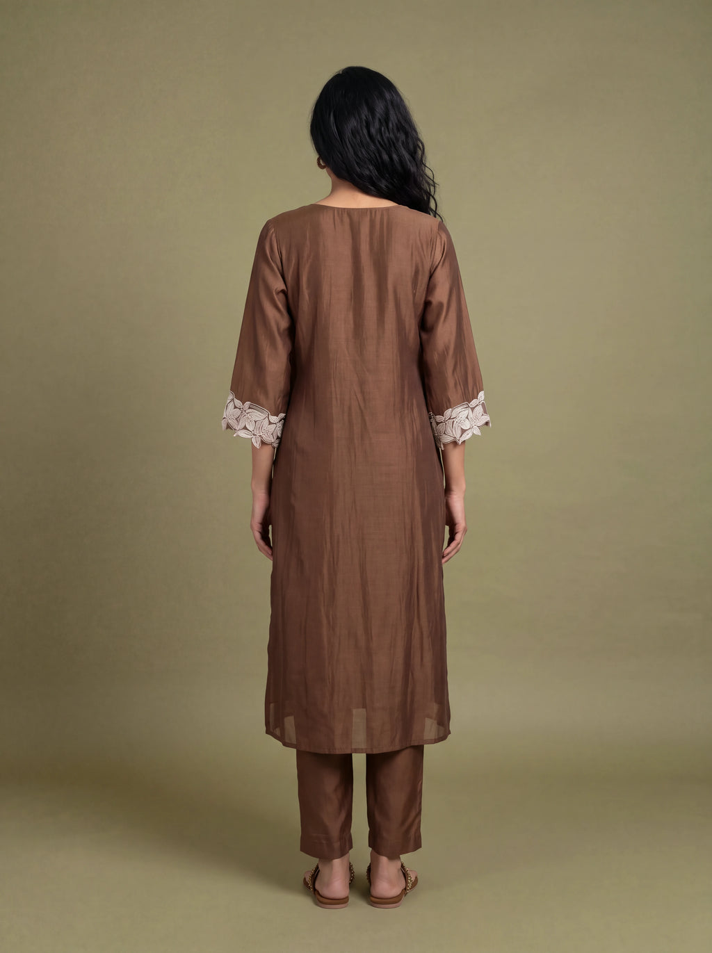 Brown chanderi patch work and sequins embroidery kurta set