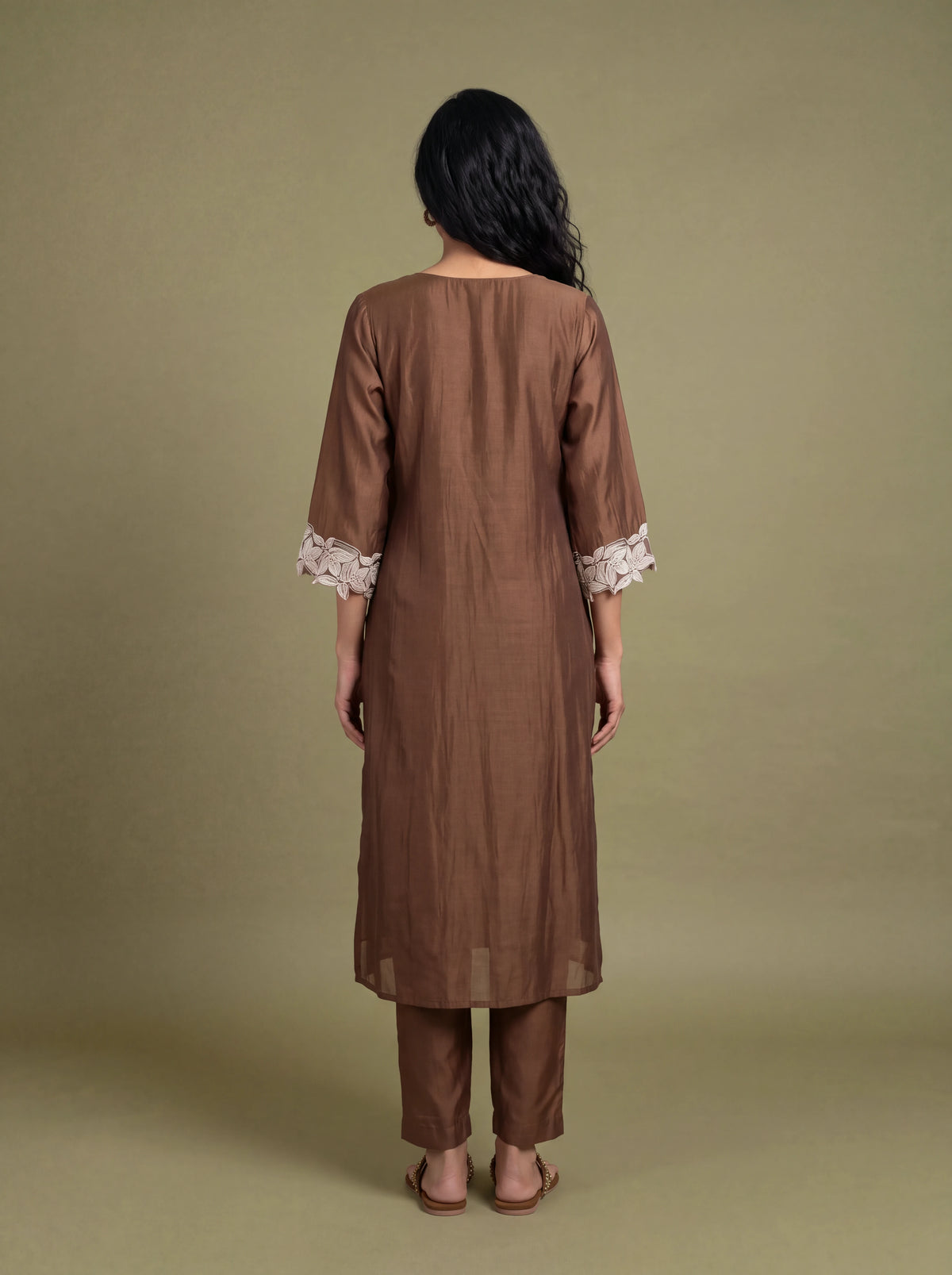 Brown chanderi patch work and sequins embroidery kurta set