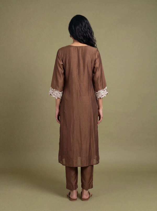 Brown chanderi patch work and sequins embroidery kurta set