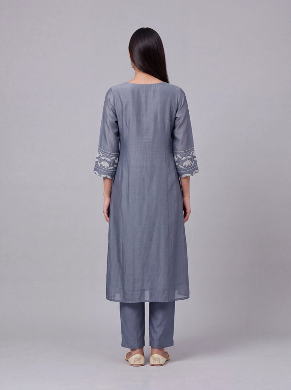 State blue chanderi patch work and sequins embroidery kurta set