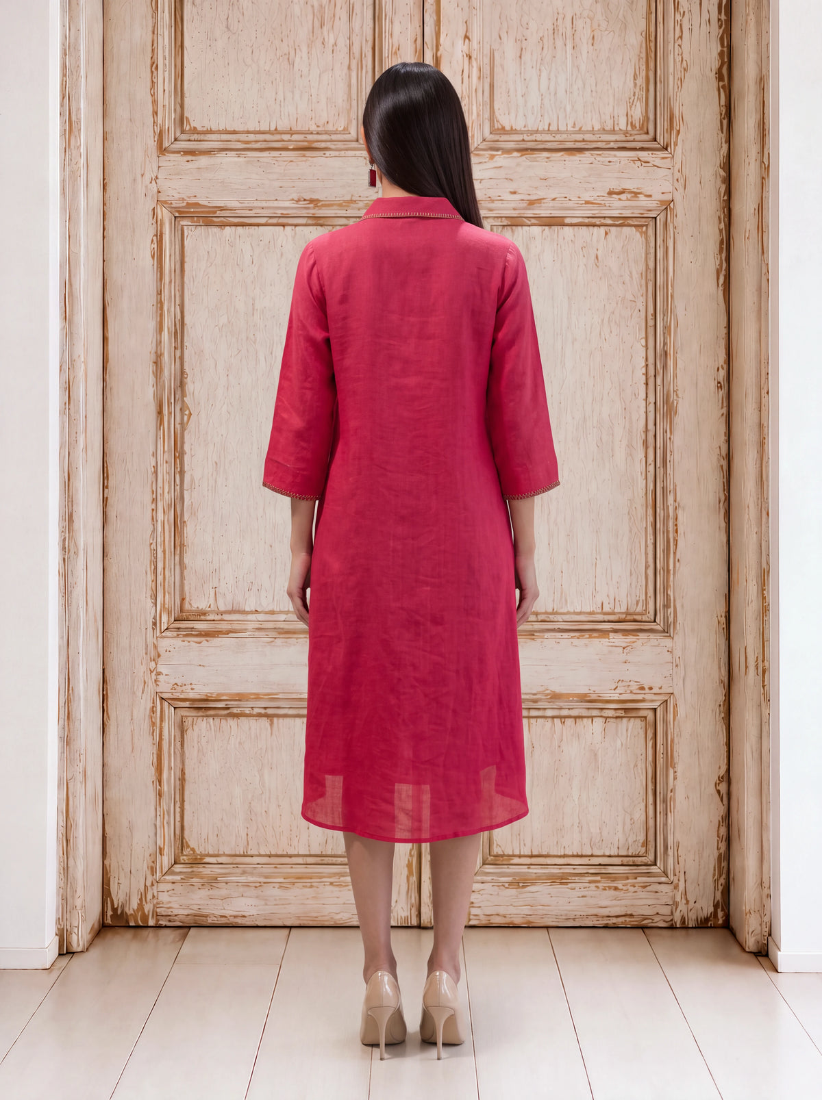 Red linen patchwork khat-embroidered dress