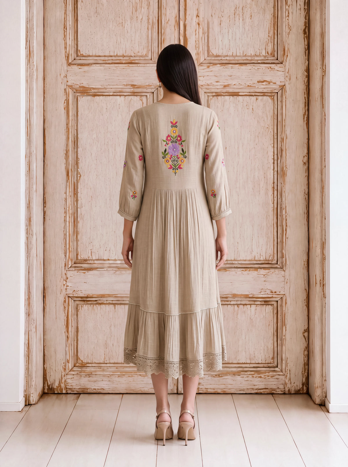 Natural viscose floral khat-embroidered tiered fusion dress