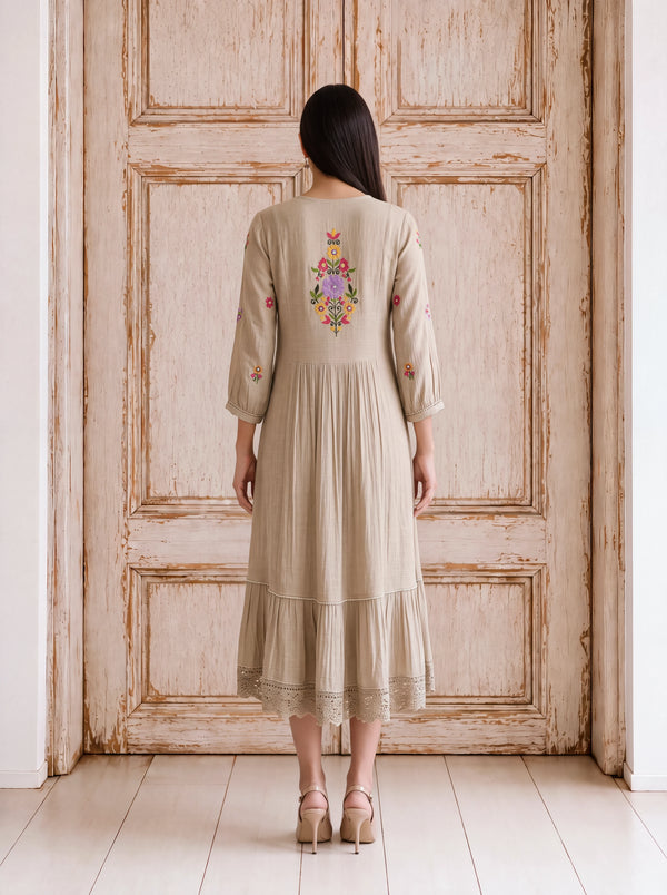 Natural viscose floral khat-embroidered tiered fusion dress