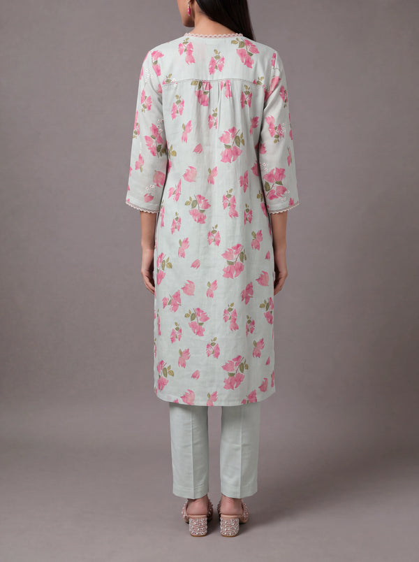 Mint linen thread embroidery kurta set