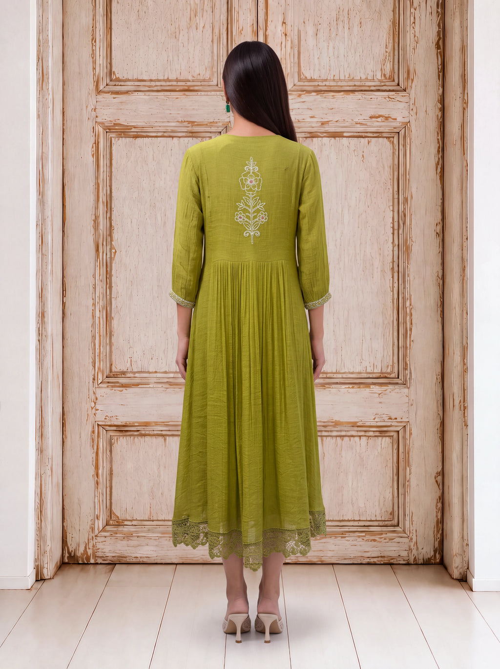 Olive viscose embroidered and lace-detailed fusion dress