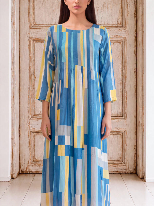 Blue crepe abstract geometric pleated fusion dress
